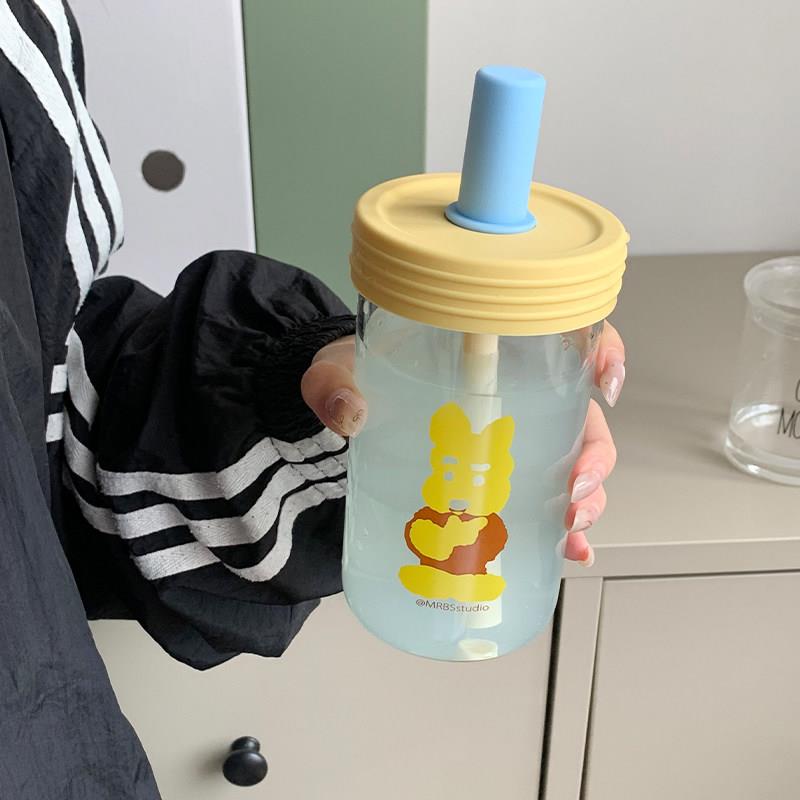 吸管硼硅玻璃水杯可爱带吸管盖子公室宿舍桌面喝水杯子