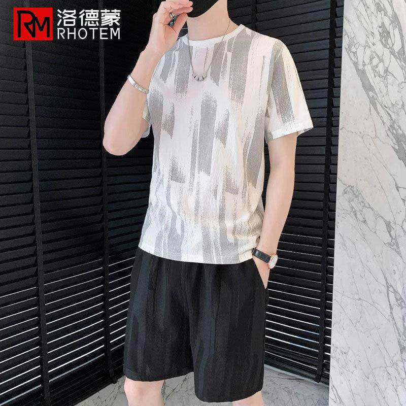 洛德蒙夏新款冰丝休闲运动套装男潮流时尚圆领冰丝短袖短裤两件套