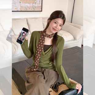 广州潮牌美衣服饰制衣有限公司绿色假两件甜辣妹斜肩荡领修身 显瘦