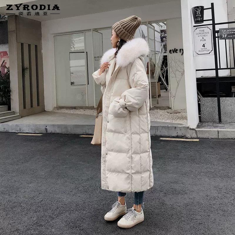 ZYRODIA2025冬季新款时尚白色羽绒服女中长款加厚宽松大毛领外套