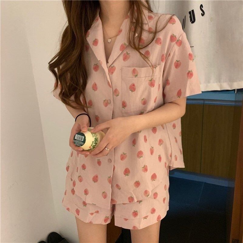 睡衣女夏季2024新款套装学生睡衣夏短袖家居服草莓甜美睡衣女方便