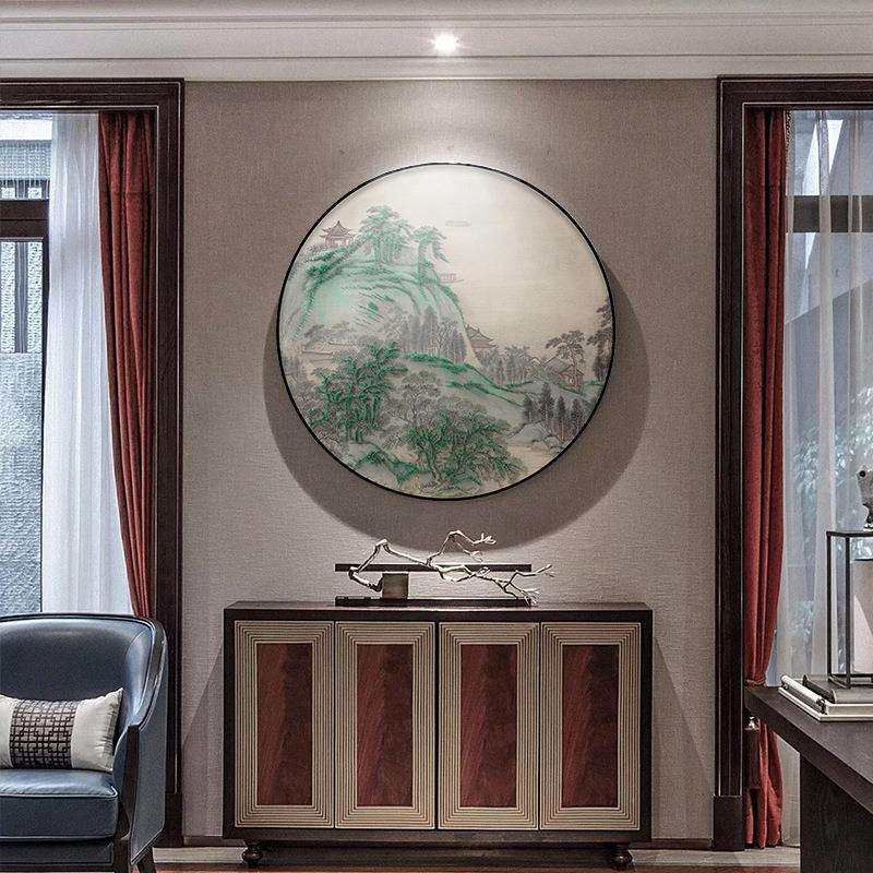 新中式圆形钉子画山水玄关手工实物画客厅样板间卧室书房装饰画