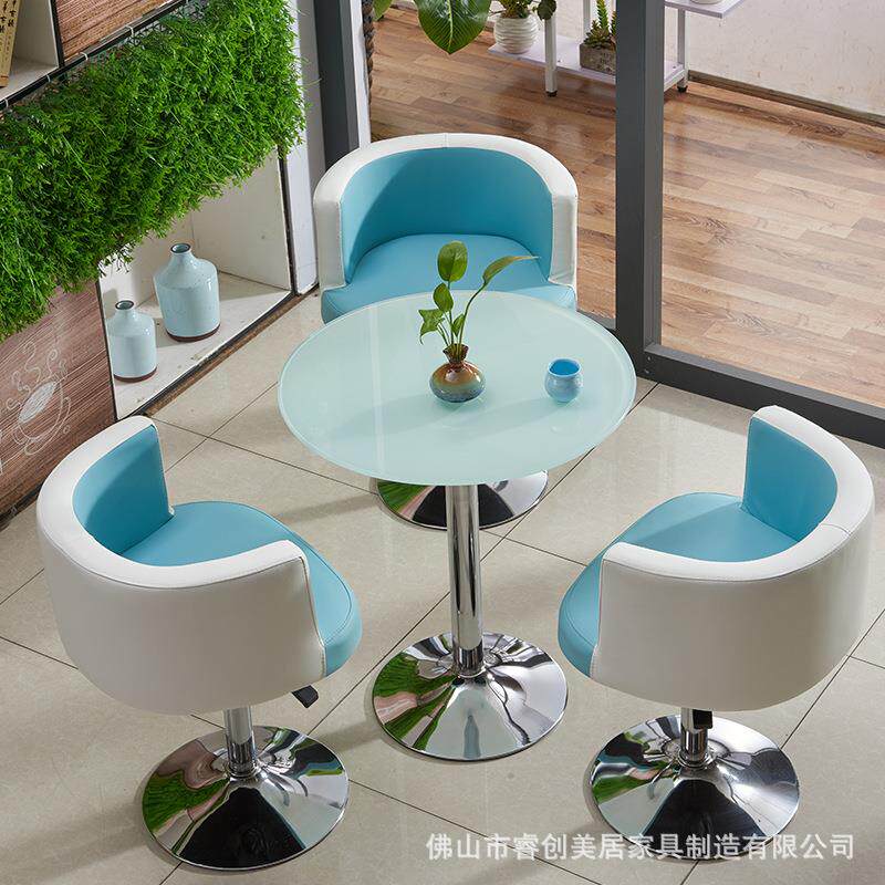 简约奶茶店桌椅组合经济型餐桌钢化玻璃圆桌洽谈升降旋转椅咖啡桌