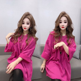 韩版宽松时尚纯色T恤设计感欧货中长款高端洋气圆领百搭卫衣女春