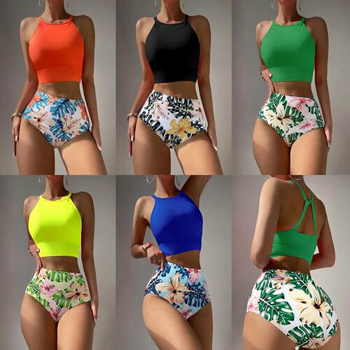 Flower print split swimsuit women's bikini beach swimsuit
