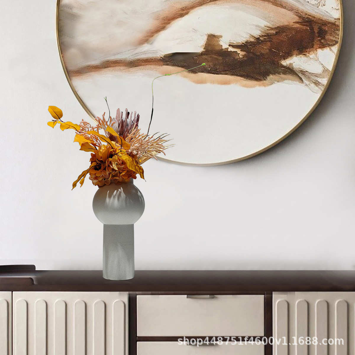 现代中式轻奢陶瓷干花花器样板间花艺仿真摆件售楼部酒店橙色花束