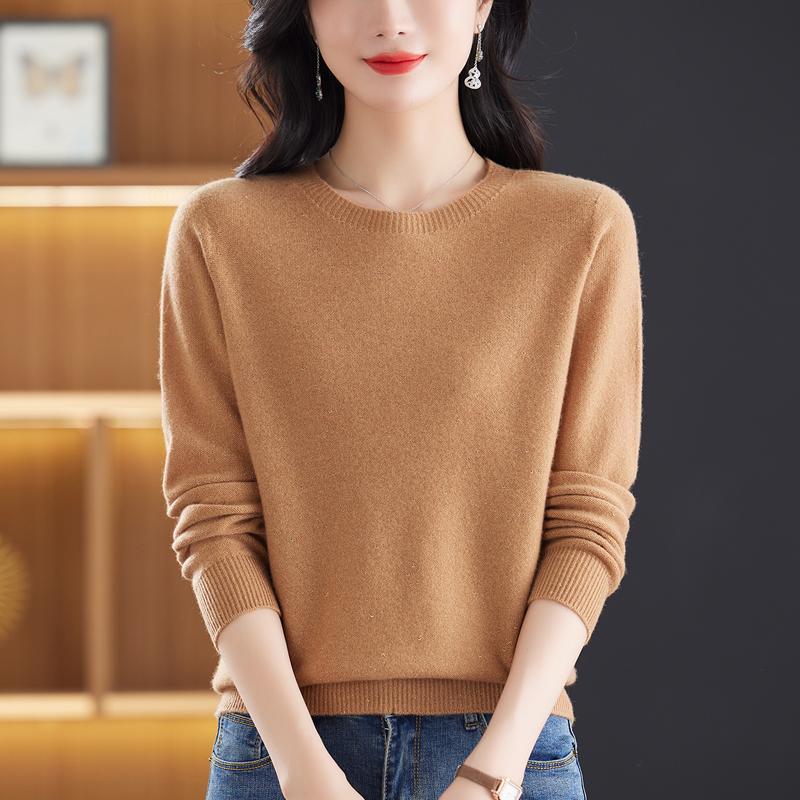 100%纯羊毛衫女圆领针织打底衫秋冬妈妈装宽松加大码休闲软糯毛衣