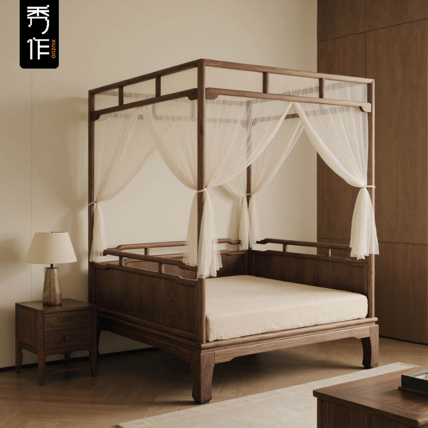 新中式实店木床床双人床架子床式四柱974民宿酒主卧宋式仿古明拔