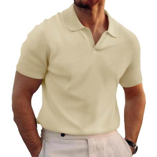 Men Color Waffle Polo Shirt Casual Breathable Sleeve
