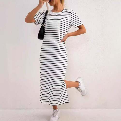 Women Knit Striped Dress Knitted Womenswear Casual Wear Gown