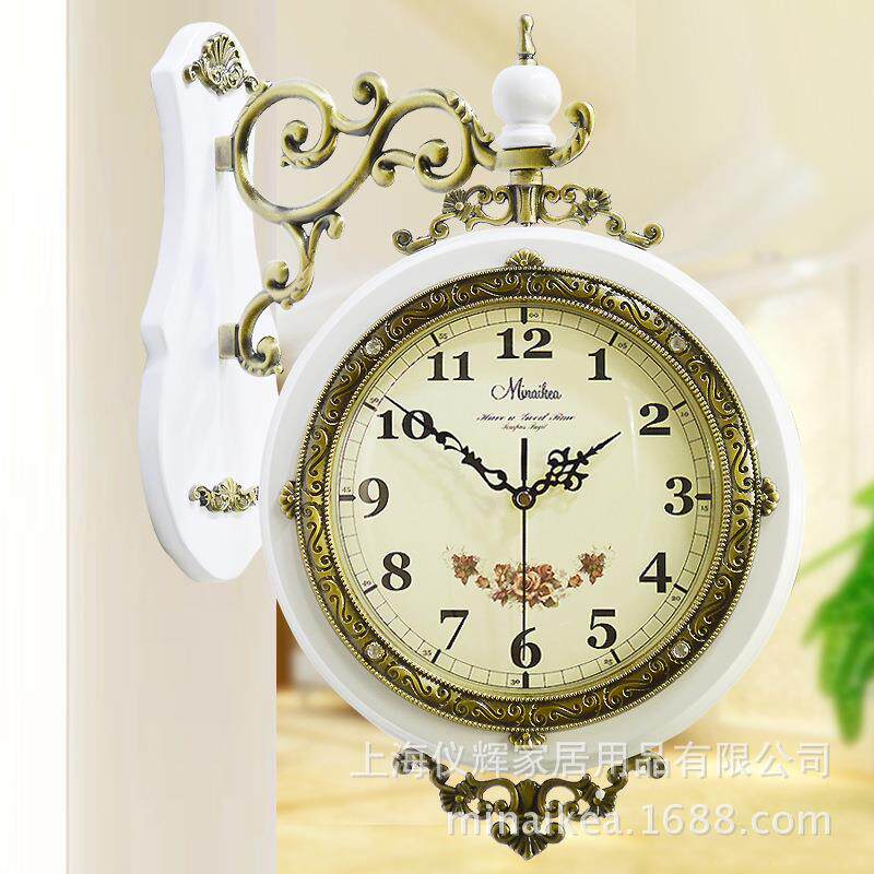 欧式实木双面挂钟 创意客厅仿古钟表 静音扫描电子钟表石英钟