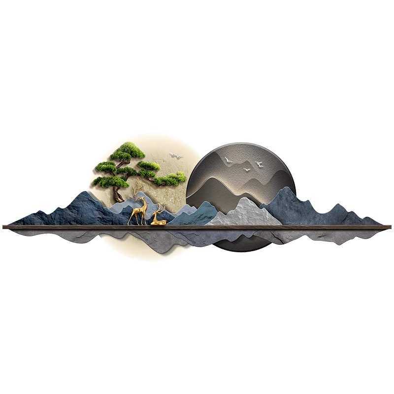 新中式客厅装饰画迎客松山水led氛围灯挂画高级感沙发背景墙壁画