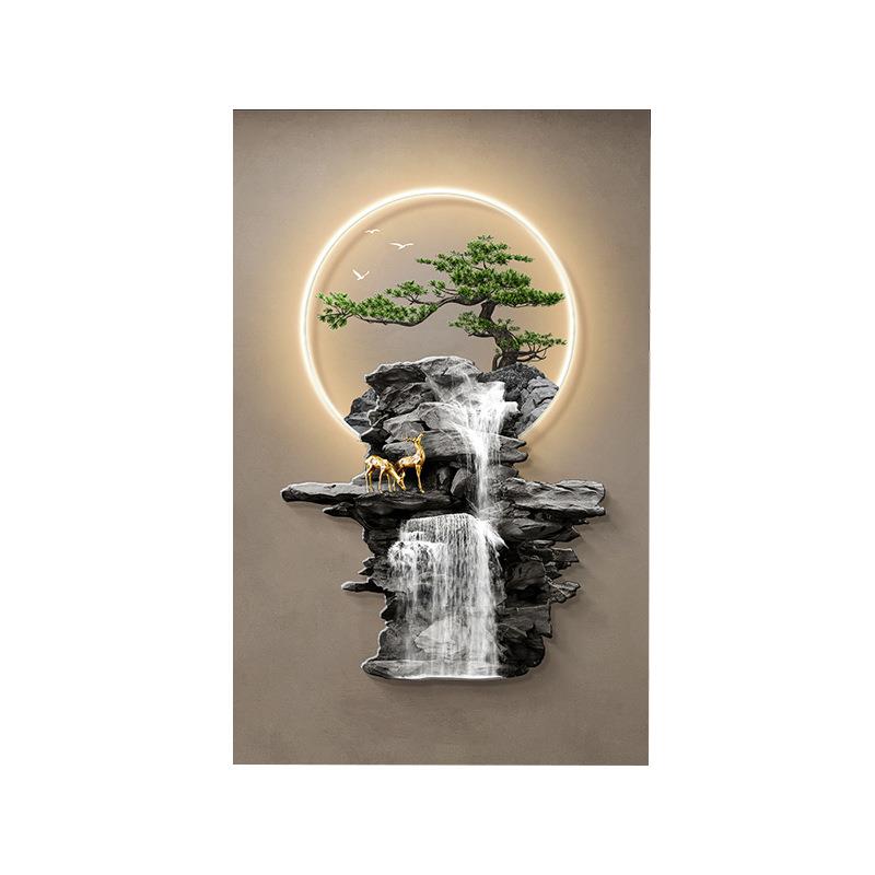 流水生财玄关装饰画带灯新中式麋鹿走廊过道挂件画迎客松发光壁饰