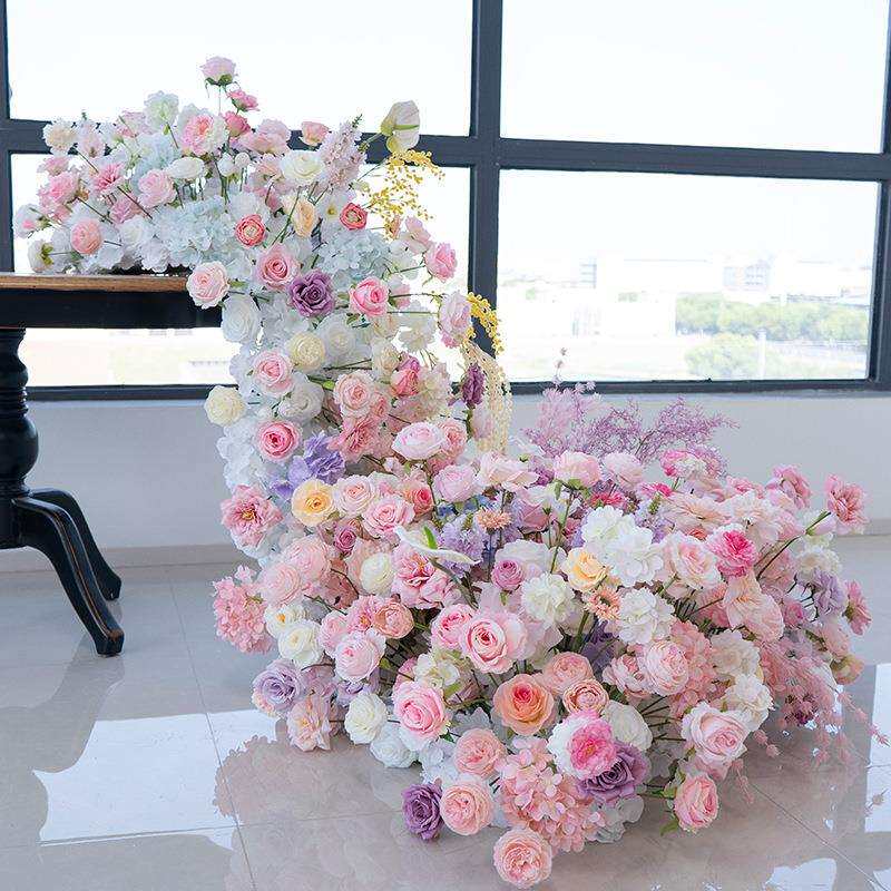 跨境粉色假花拖尾瀑布花艺 拍照装饰网红酒店餐桌长条桌花仿真花