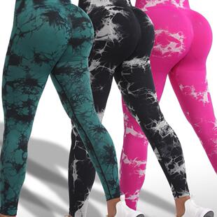 3 Tie Dye Print Waisted Women Leggings Scrunch Rear Lifting