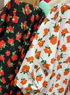 全棉60支精梳樱桃红/橙色小碎花印花面料 夏季衬衫连衣裙透气布料