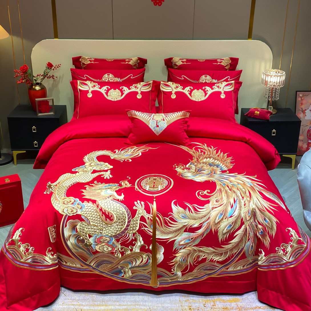 厂家直销140支高档结婚四件套红色龙凤婚庆床上用品批发被套床单
