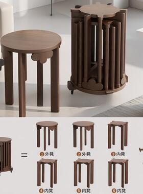 实QOS木可叠放圆凳现代家用几小凳子餐桌凳子新中式叠茶叠用乐备
