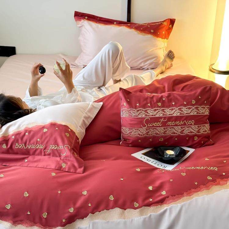 公主风全棉100支长绒棉婚庆四件套红色结婚喜被床单婚嫁床上用品