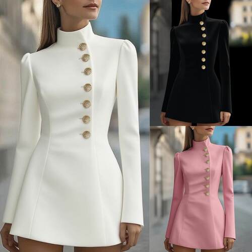 Elegant Women's Solid Color Mock Neck Long Sleeve Lady Mini