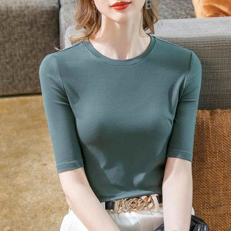 top elastic inner color solid T-shirt half-sleeved neck
