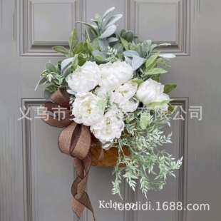 春夏季牡丹花篮花环仿真花藤篮门篮门挂装饰新款热销花圈