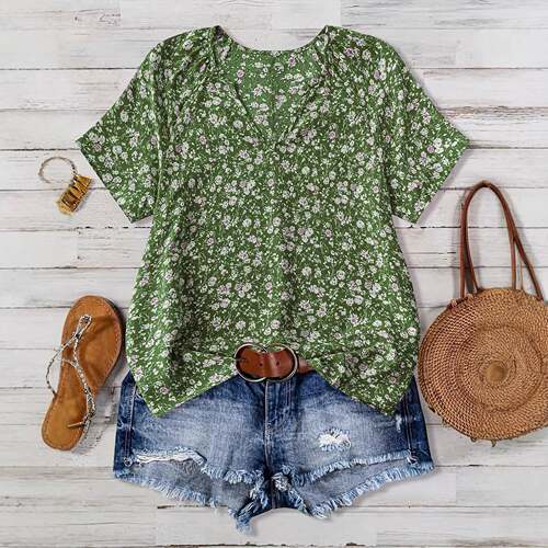 Plus Size Women's Shirt Ditsy Floral Pattern Woven Fabric