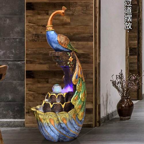大型落地假山流水喷泉客厅办公室孔雀生财装饰品高山循环水景摆件