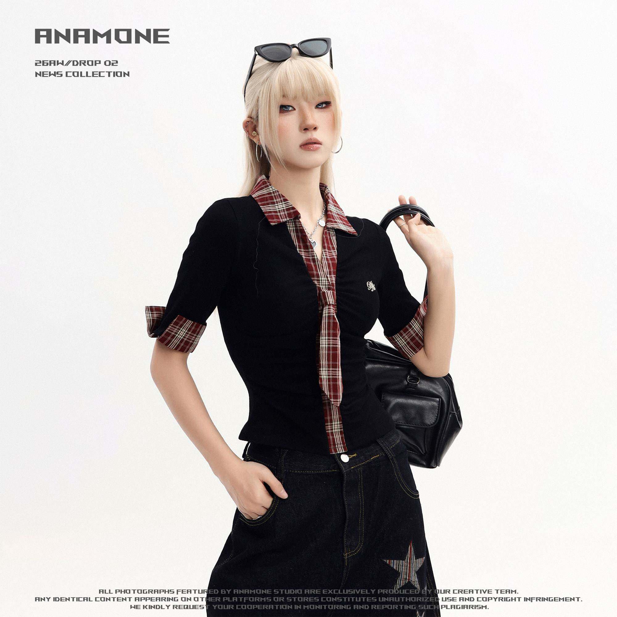 ANAMONE 美式辣妹皱褶收腰短袖t恤女夏季格子拼接设计感短款上衣