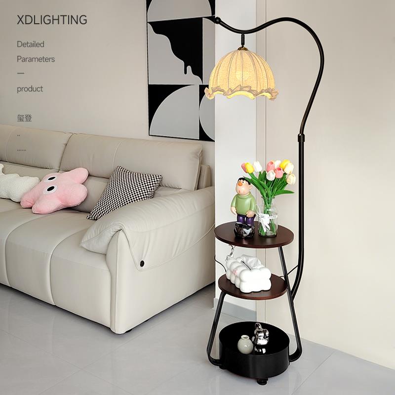 中古落地灯置物架一体美式复古客厅沙发边几氛围灯卧室床头柜台灯