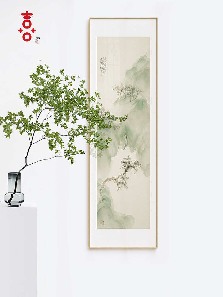 新中式玄关山水装饰画现进门入户走廊过道竖版挂画长条壁画郑文