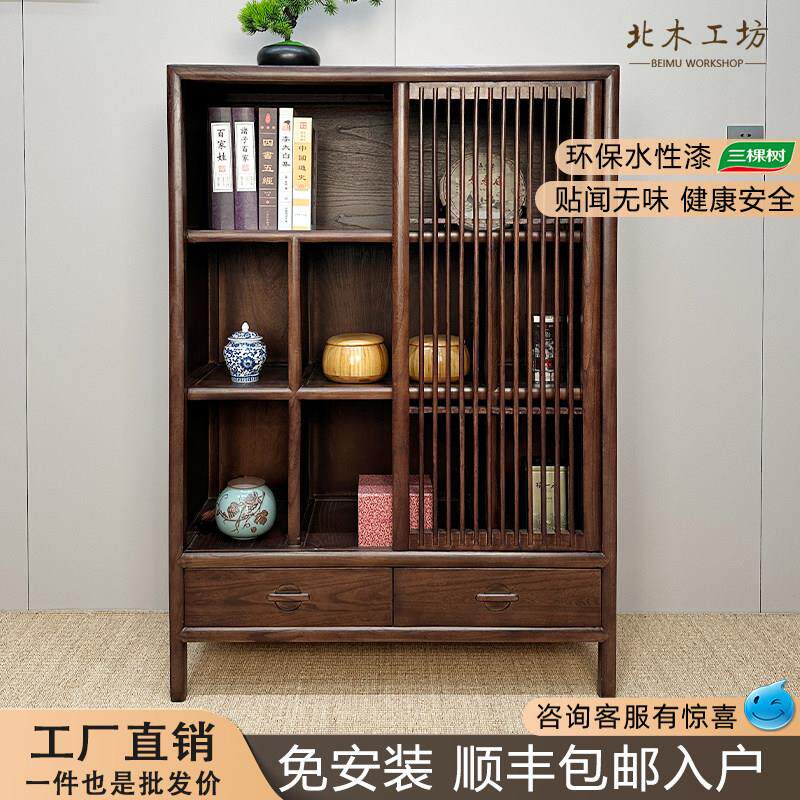新中式实木餐边柜客厅阳台茶桌边柜收纳柜黑胡桃色老榆木茶具收纳