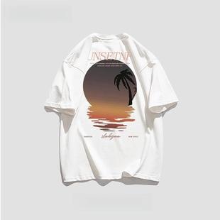 美式 T恤男夏健身潮牌百搭宽松重磅打底 运动vibe街头日落印花短袖