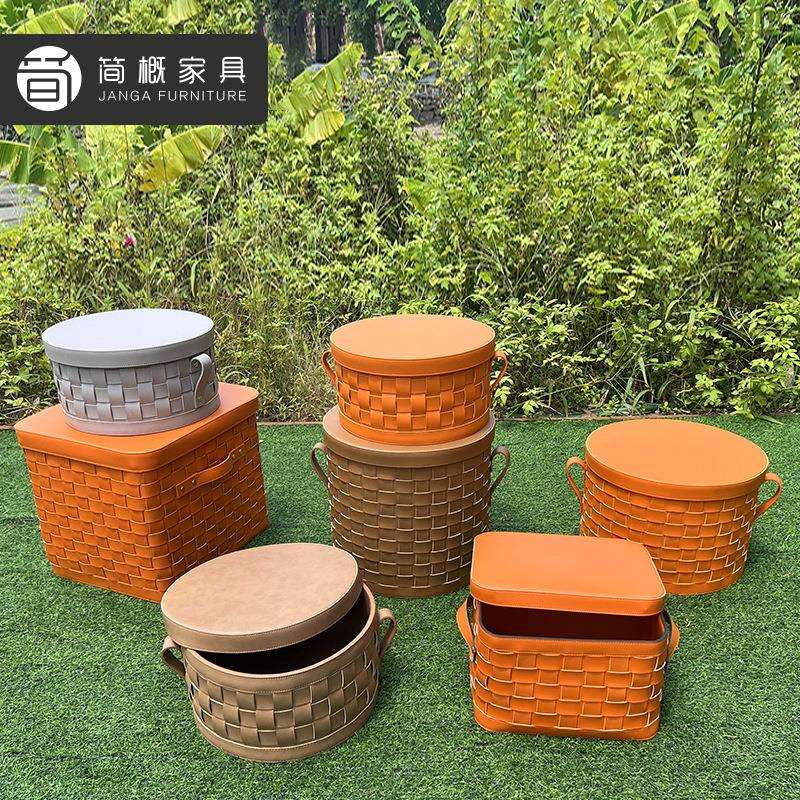 轻奢皮革收纳盒手工编织置物筐创意高端置物箱客厅家用储物整理箱