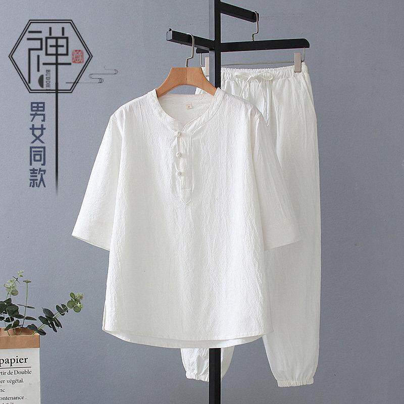高端夏季中袖棉麻盘扣唐装男女同款太极服晨练束脚运动服中式套装