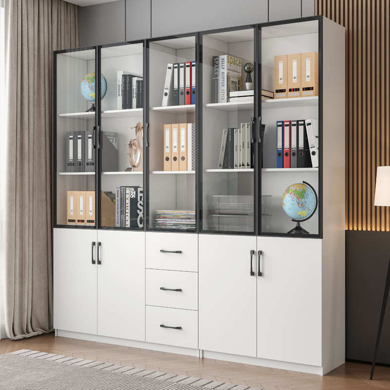 简约储物柜文件柜落地书房子多组展示合收纳现代书柜书橱白色书架