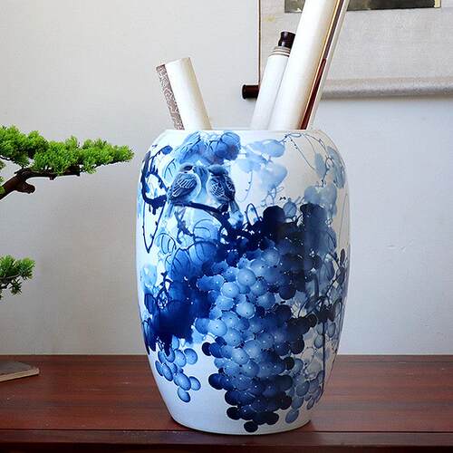 景德镇陶瓷花瓶书画研习罐卷轴罐书画罐画管摆件中国青花瓷葡萄