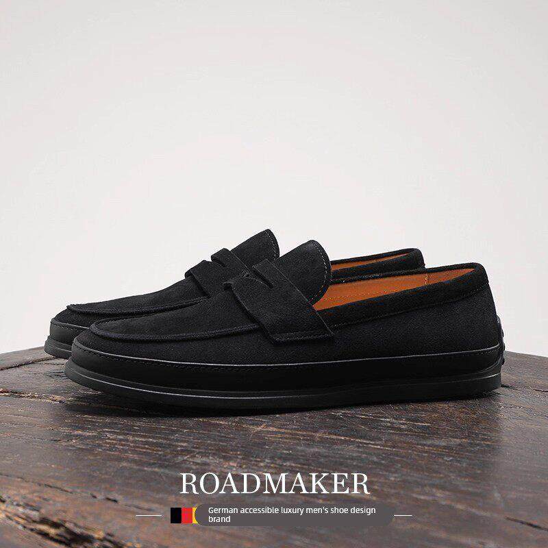 罗德梅科羊猄反绒皮乐福鞋男士夏季透气舒适平底一脚蹬休闲豆豆鞋