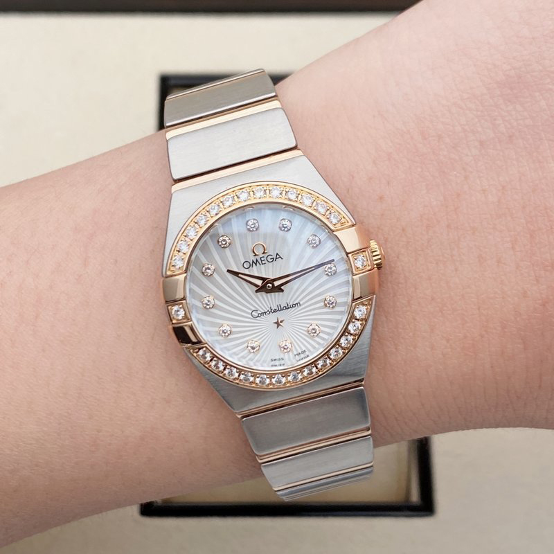 一口价98新欧米茄星座间玫瑰金镶钻石英女表123.25.24.60.55.002