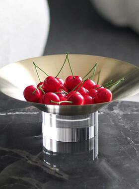 简约玻璃底座金属果盘摆件样板房家居茶几餐厅桌面圆形水果碟饰品