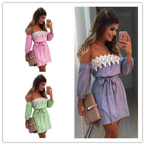 Blue one collar lace patchwork fine stripe dress