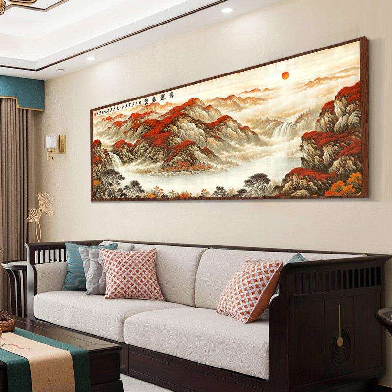 新中式客厅沙发山水画大气办公室大画晶瓷带框挂画装饰壁画