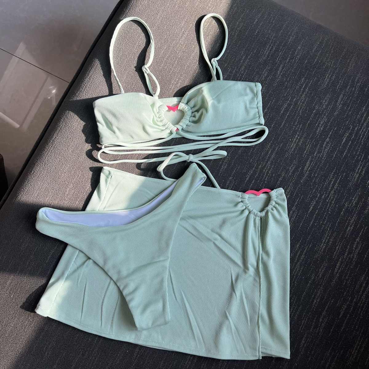 加色2025欧美新款坑条纯色三件套泳装比基尼bikini 跨境 亚马逊