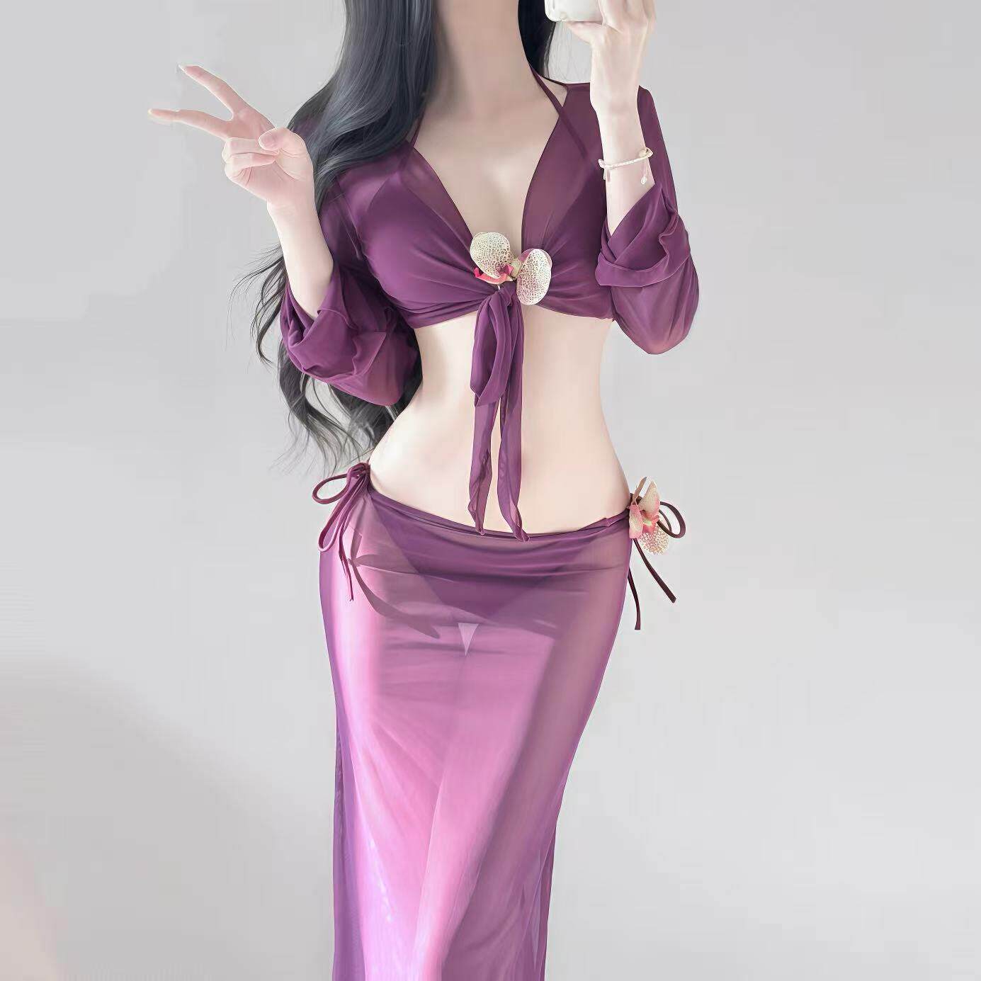夏季泳衣女款紫色高级感分体比基尼四件套性感长裙海边度假0517z
