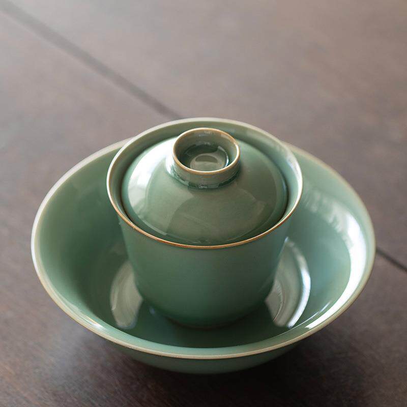 越窑青瓷三才盖碗茶杯单个泡茶碗带盖家用小号梅子青手抓泡茶盖碗