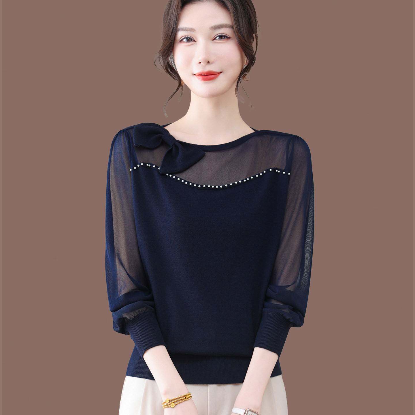 高档桑蚕丝春装长袖T恤女薄款透纱拼接洋气上衣减龄针织打底衫