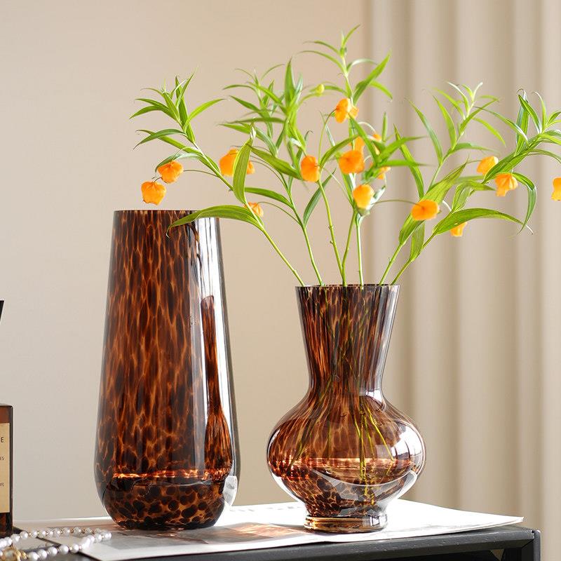 复古琥珀色豹纹玻璃插花瓶水养家居设计感软装饰品中古花器新中式