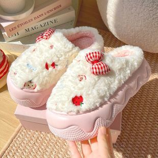 冬毛茸茸保暖防滑增高 家居网红可爱蝴蝶结拖鞋 厚底棉拖鞋 女士冬季