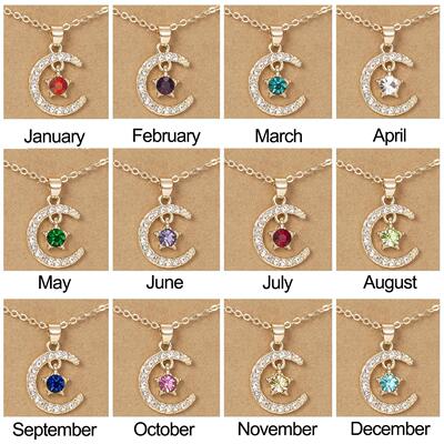 Twelve Months Moon Star Shaped Birthstone Pendant Necklace