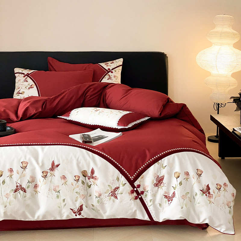新中式婚庆床上四件套全棉100支长绒棉印花刺绣红色结婚被套床单
